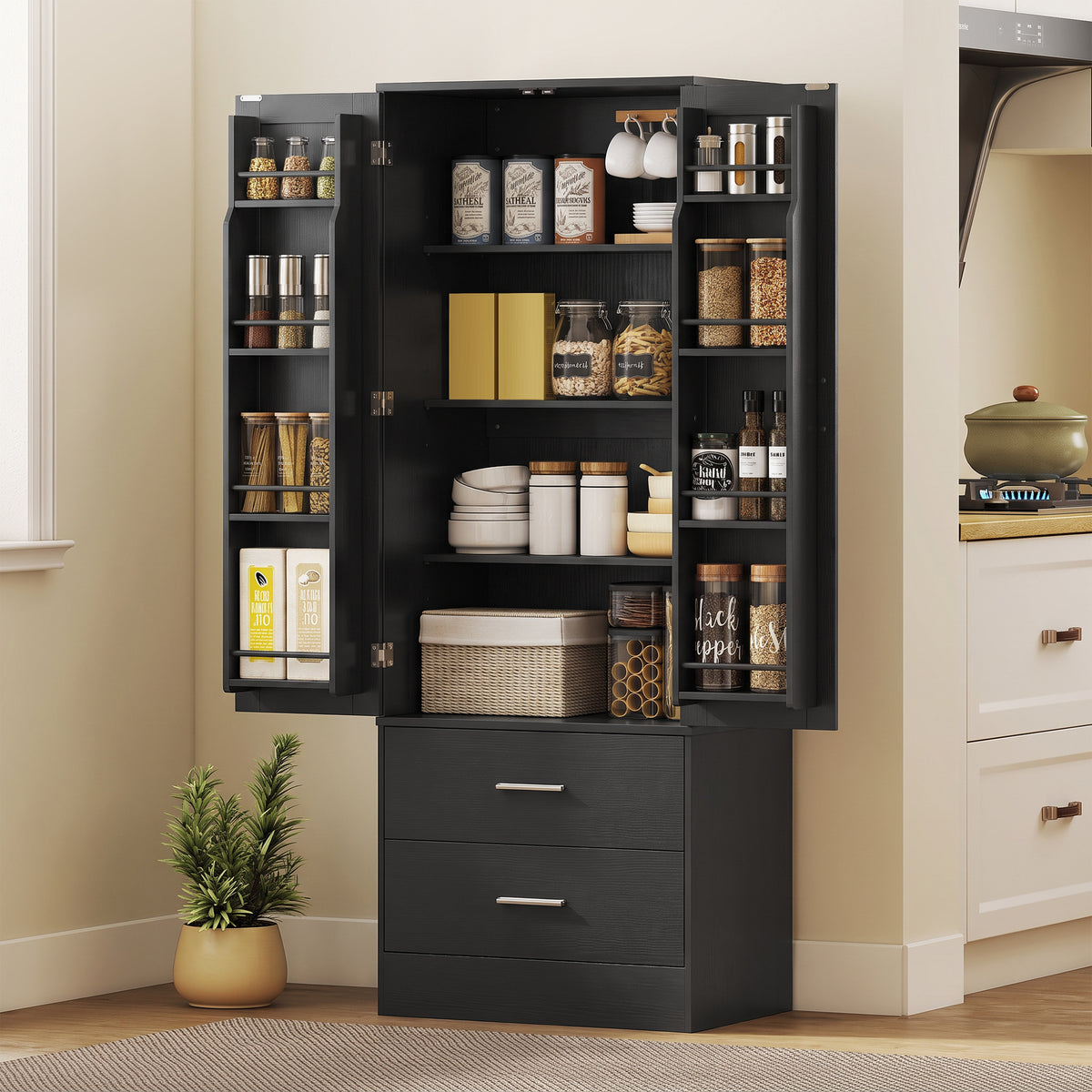 Pantry cabinet 8 door shelves adjustable shelves kitchen cupboard 159 cm black (10)