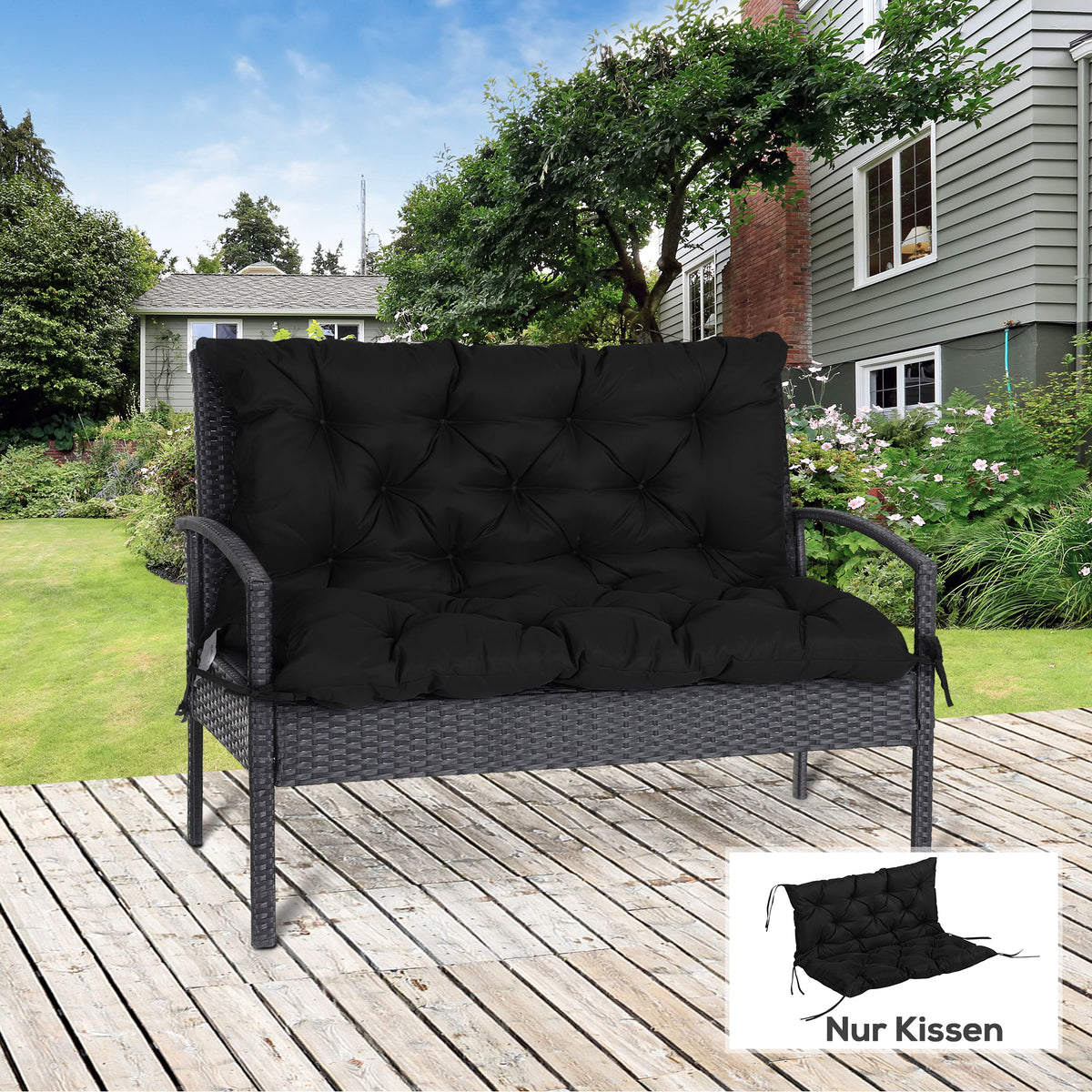 3-seater bench cushion 100x98x8 cm bench pad with ties, bench upholstery for garden furniture porch swing, black (2)