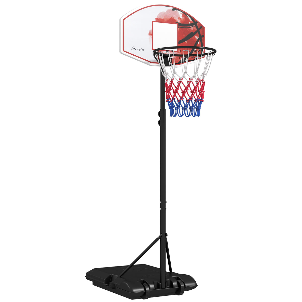 Height-adjustable basketball hoop, freestanding, with net and wheels, large base, 179-209 cm, plastic, steel