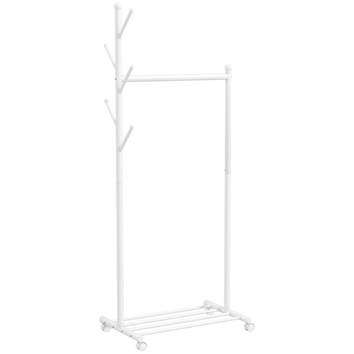Clothes rack with wheels, mobile garment rack with clothes rail, 5 hooks, shoe rack white