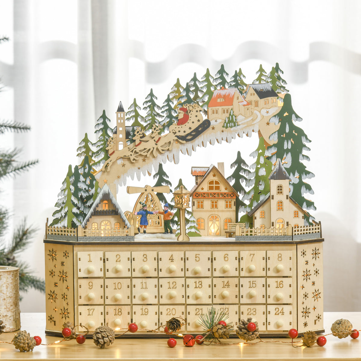 Advent calendar Christmas decoration, 24 drawers, LED lights, 39 cm x 9 cm x 42 cm, white + green (2)