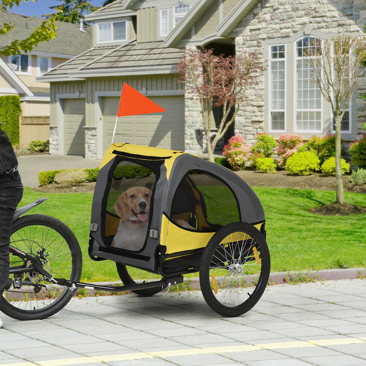Dog trailer up to 20kg, mesh windows, roll-up cover, universal hitch, steel frame, yellow, 140 x 71 x 83 cm (2)