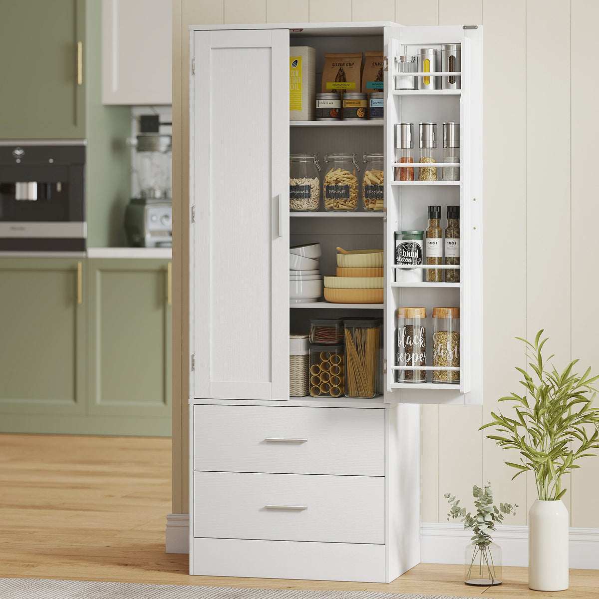 159 cm kitchen cabinet, adjustable shelves, 2 drawers, for kitchen, dining room, chipboard, MDF, white (2)