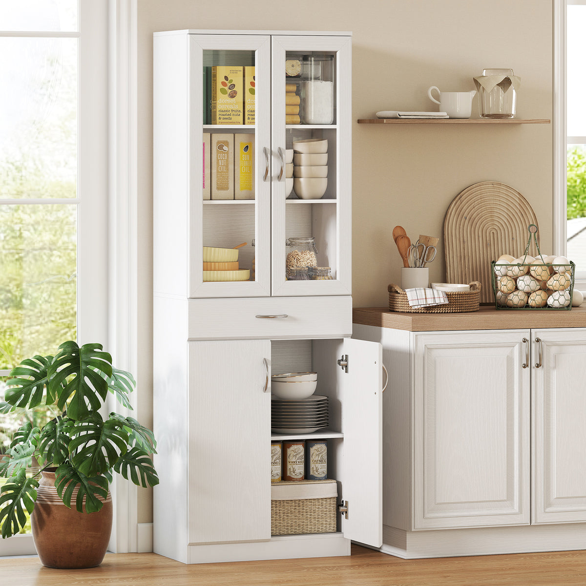 Kitchen cabinet buffet cabinet with adjustable shelf, drawer, 2-door cupboard, tall cabinet with glass door, 60 (2)