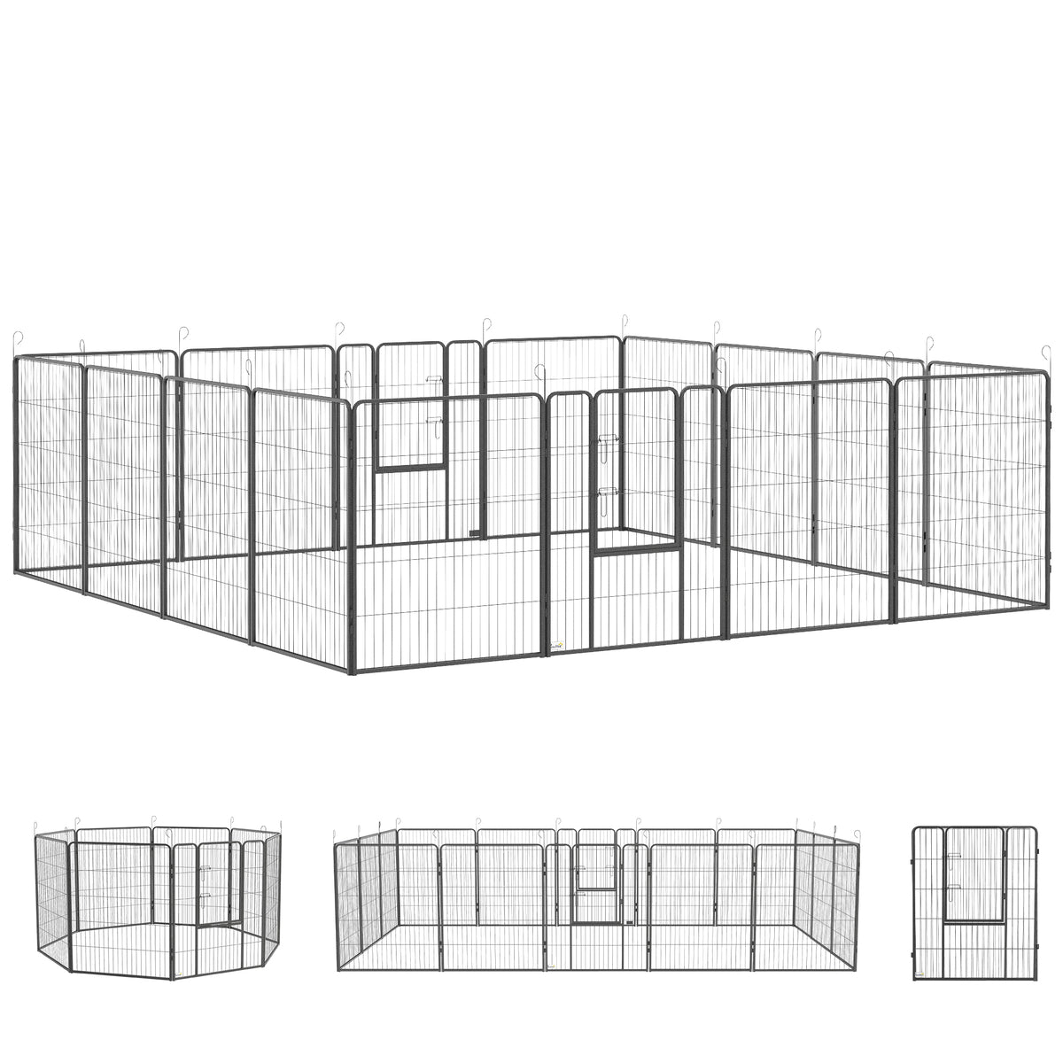 Puppy playpen, modular design, 16 panels, 2 doors, weatherproof, steel, 3.2 x 3.2 x 1 m, grey