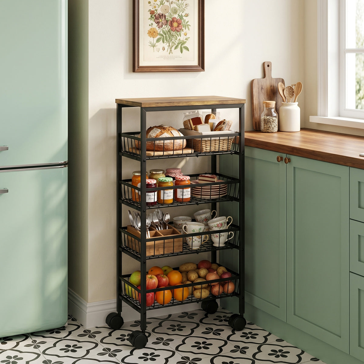 Serving trolley rolling cart with 4 tiers, kitchen cart with 4 pull-out baskets, storage trolley with wheels for (2)