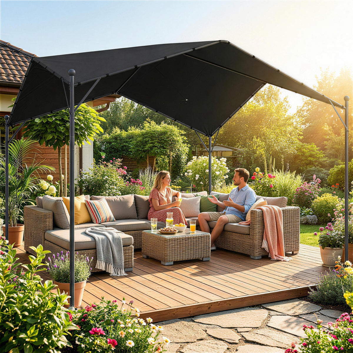 Pergola Pavilion 3x3m Water-repellent Stable winterproof Sun protection with gable roof triangular bracing (2)