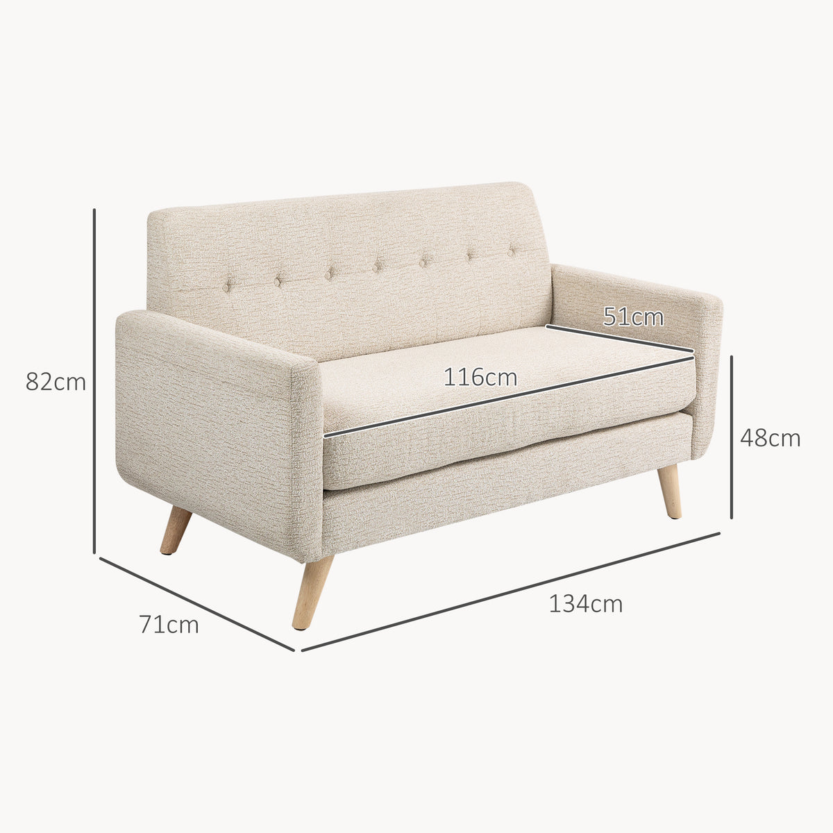 Two-seater sofa, comfortable, 134x71x82 cm, beige (3)