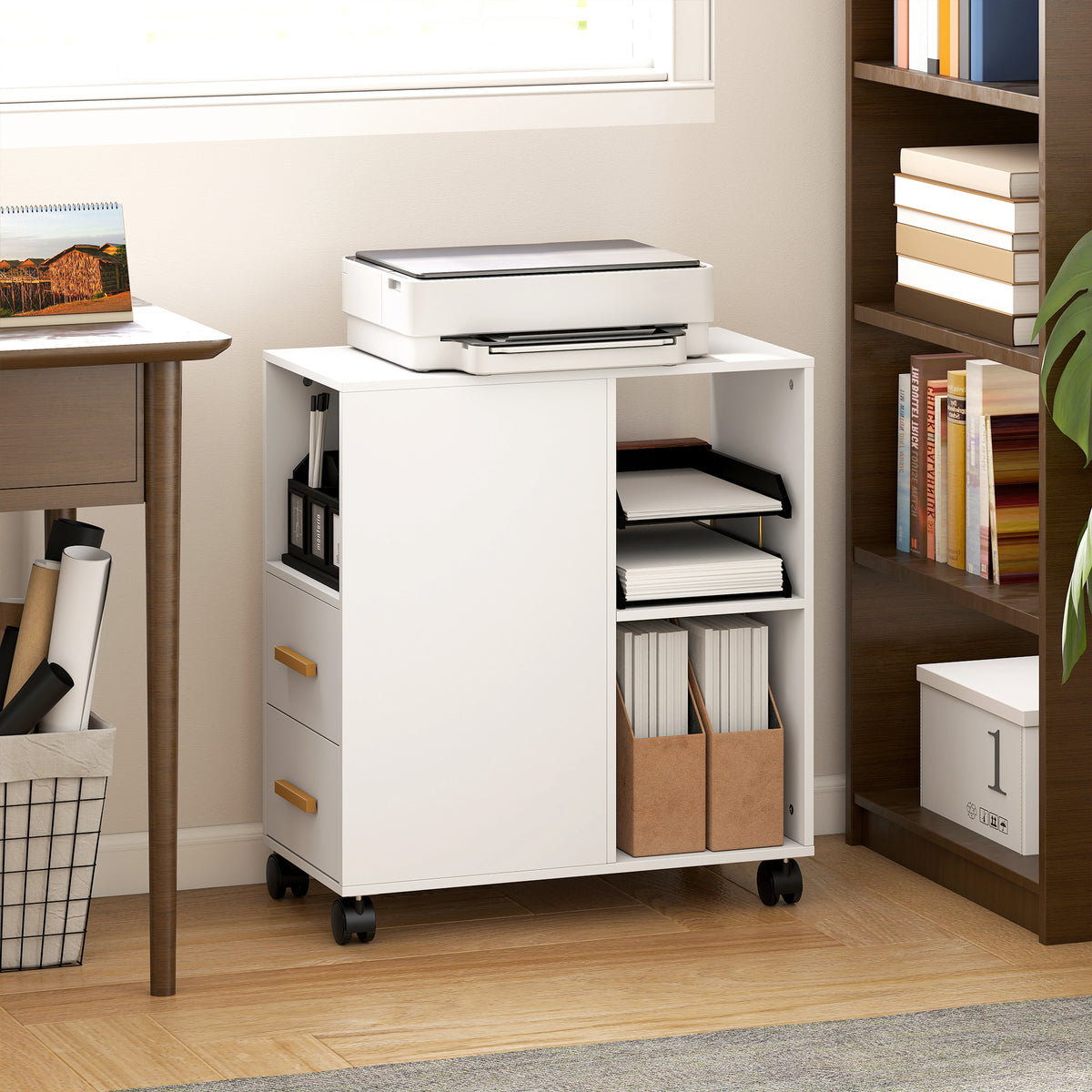 Printer Stand Printer Table with Adjustable Shelf, Wheels for Fax Scanner 60 x 30 x 65 cm White (2)