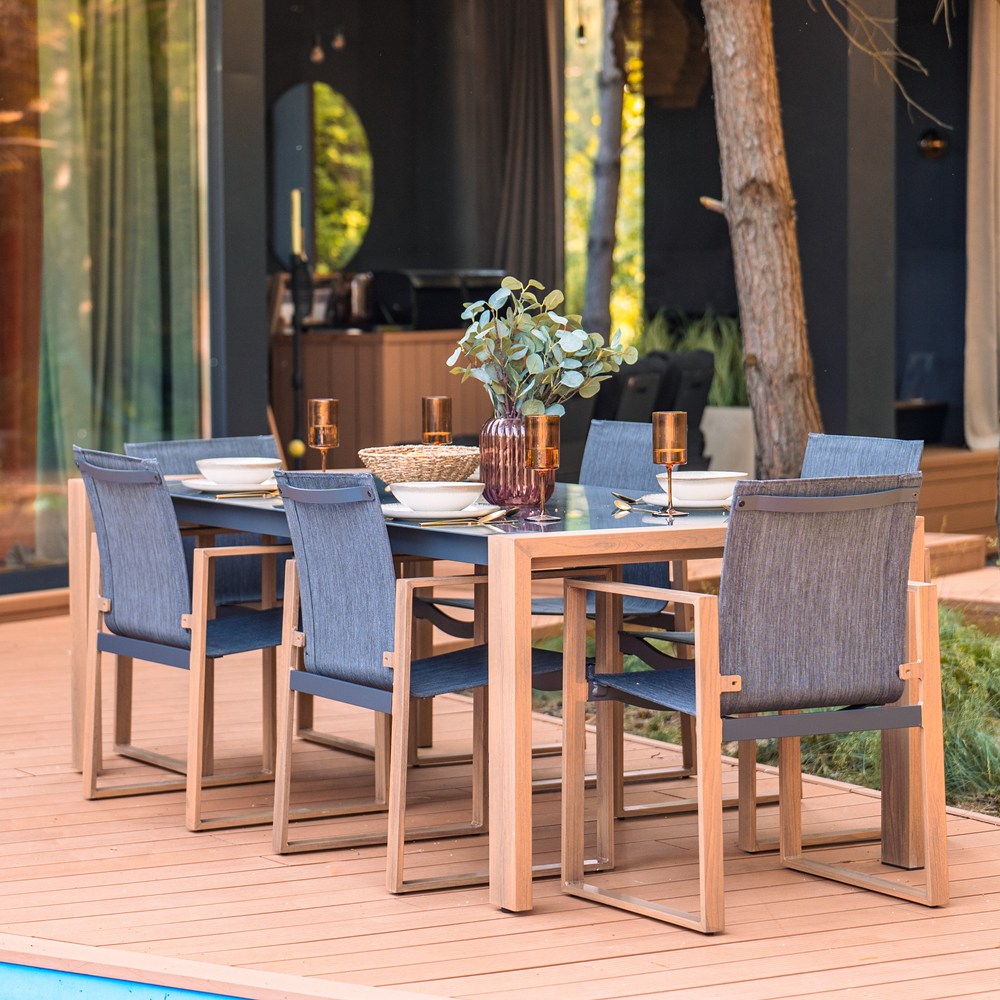 Garten-Essmöbelset DUISBURG für 8 Personen Tisch und 8 Sessel ANTHRAZIT / BRAUN – Produktabbildung 2