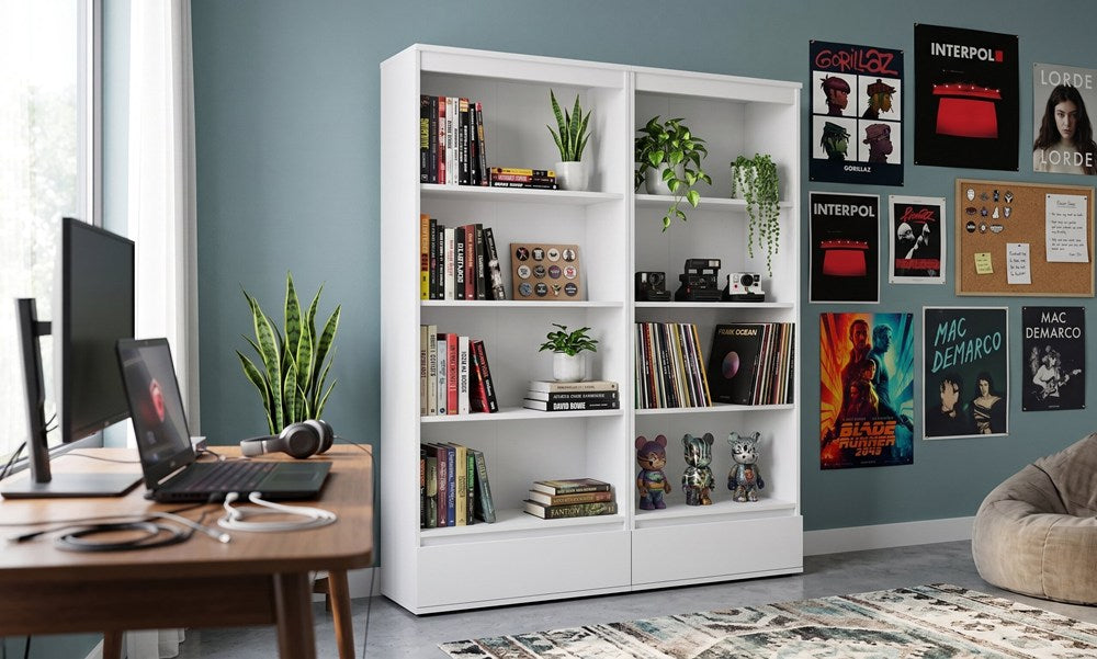 Büroregal Set 2x PALERMO Schrank 2 Schubladen 8 Ablagen für Büro WEISS – Produktabbildung 2
