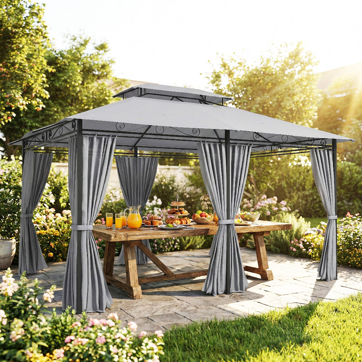 Garden gazebo, outdoor gazebo with curtains, vented roof, dark grey (2)