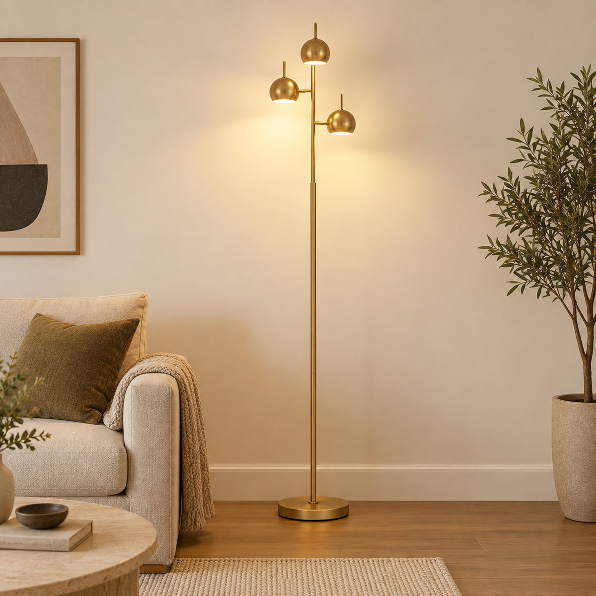 Floor lamp, 350° adjustable for living room and office, floor lamp with 3 steel shades in gold (2)