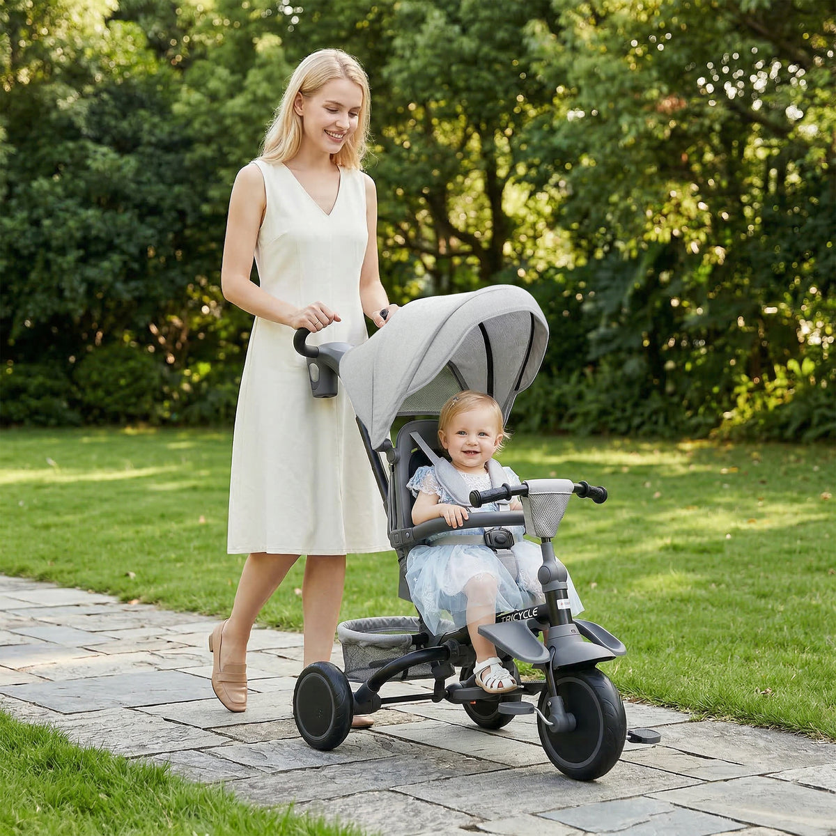 Children's tricycle, 6-in-1 toddler buggy, with push handle, adjustable seat, foldable design, safety net, grey (2)