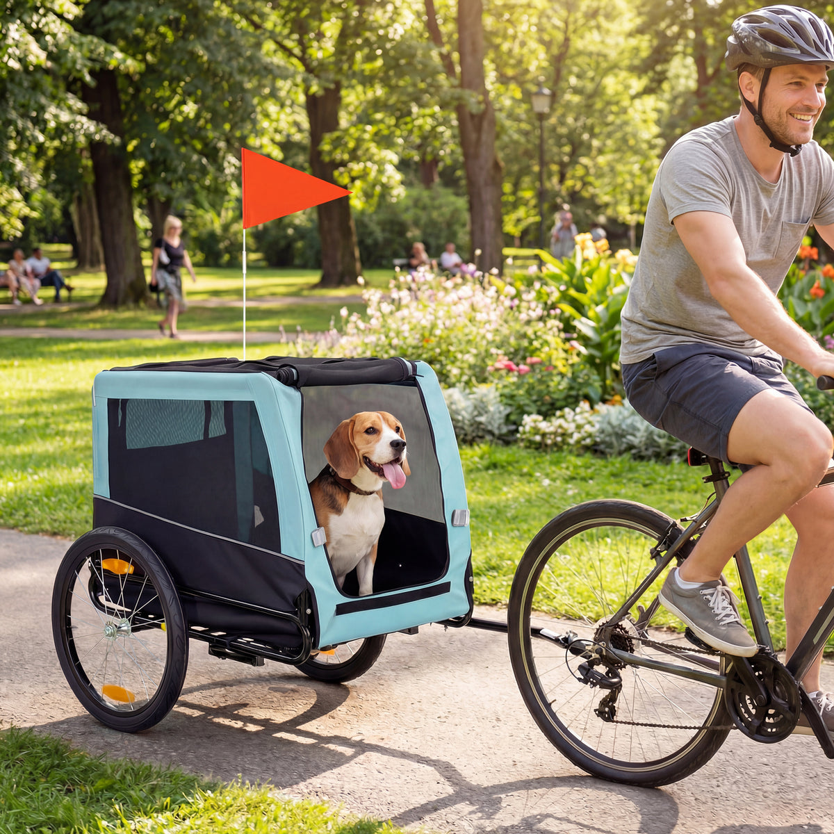 Foldable bicycle trailer with safety reflectors, leash, for medium-sized dogs up to 20 kg 143 x 70 x 90 cm light (2)