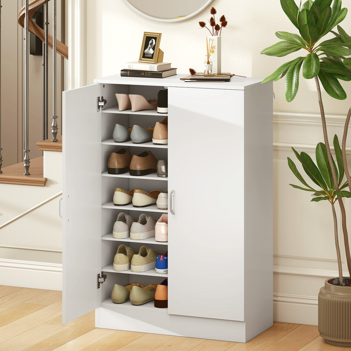Shoe cabinet with 2 doors, 6 adjustable shelves, soft-close hinges for 21 pairs, white (2)