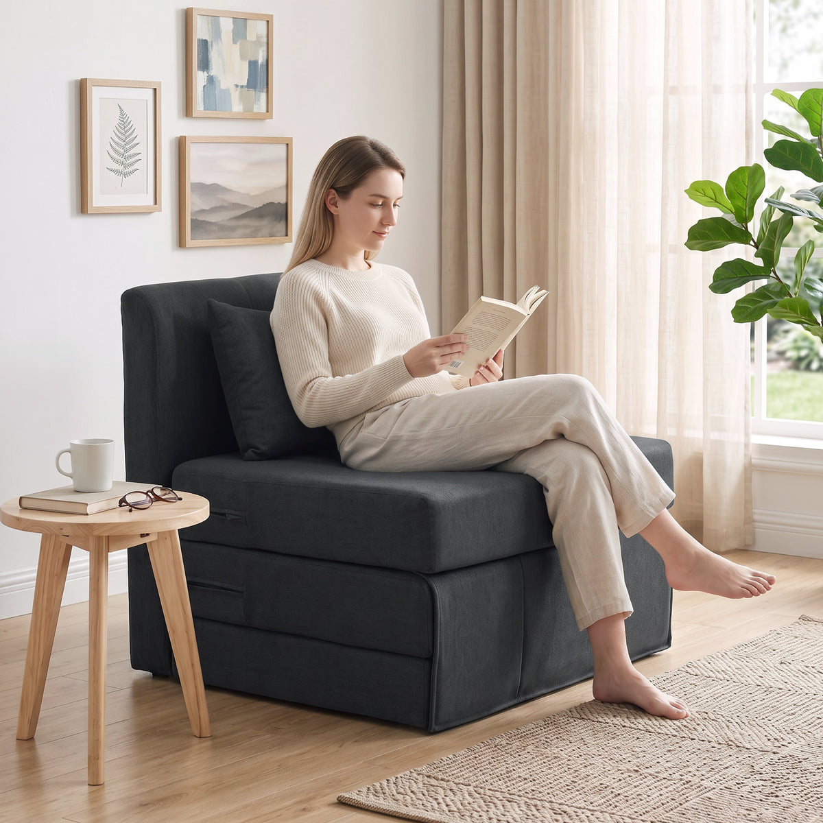 2-in-1 Sleeper Chair, Foldable Sofa Bed with Linen Texture, Padded Guest Bed Folding Chair, Dark Grey (2)