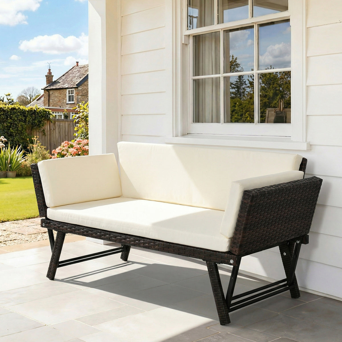 Poly-rattan garden sofa 2-seater garden furniture lounge sofa garden bench folding garden lounger armrests steel (2)