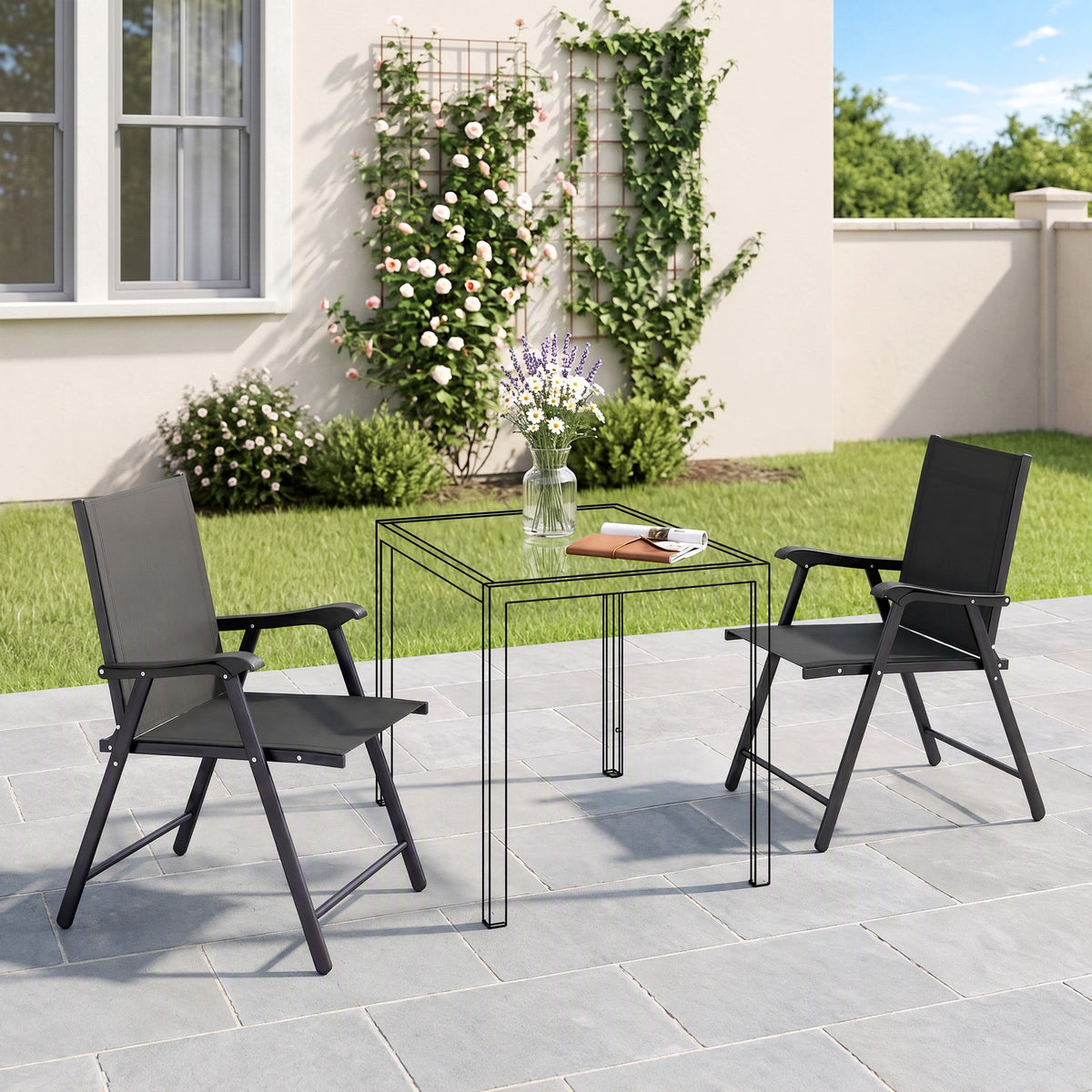 Set of 2 folding garden chairs with high backrest, armrests, steel, textilene, 58 x 62 x 97 cm, black (2)