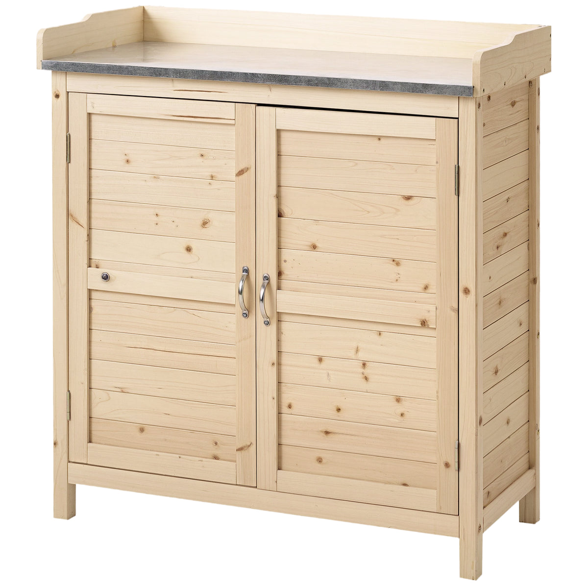 Garden cabinet with 2 compartments, metal worktop with upstand, natural wood, 83 x 40 x 92 cm