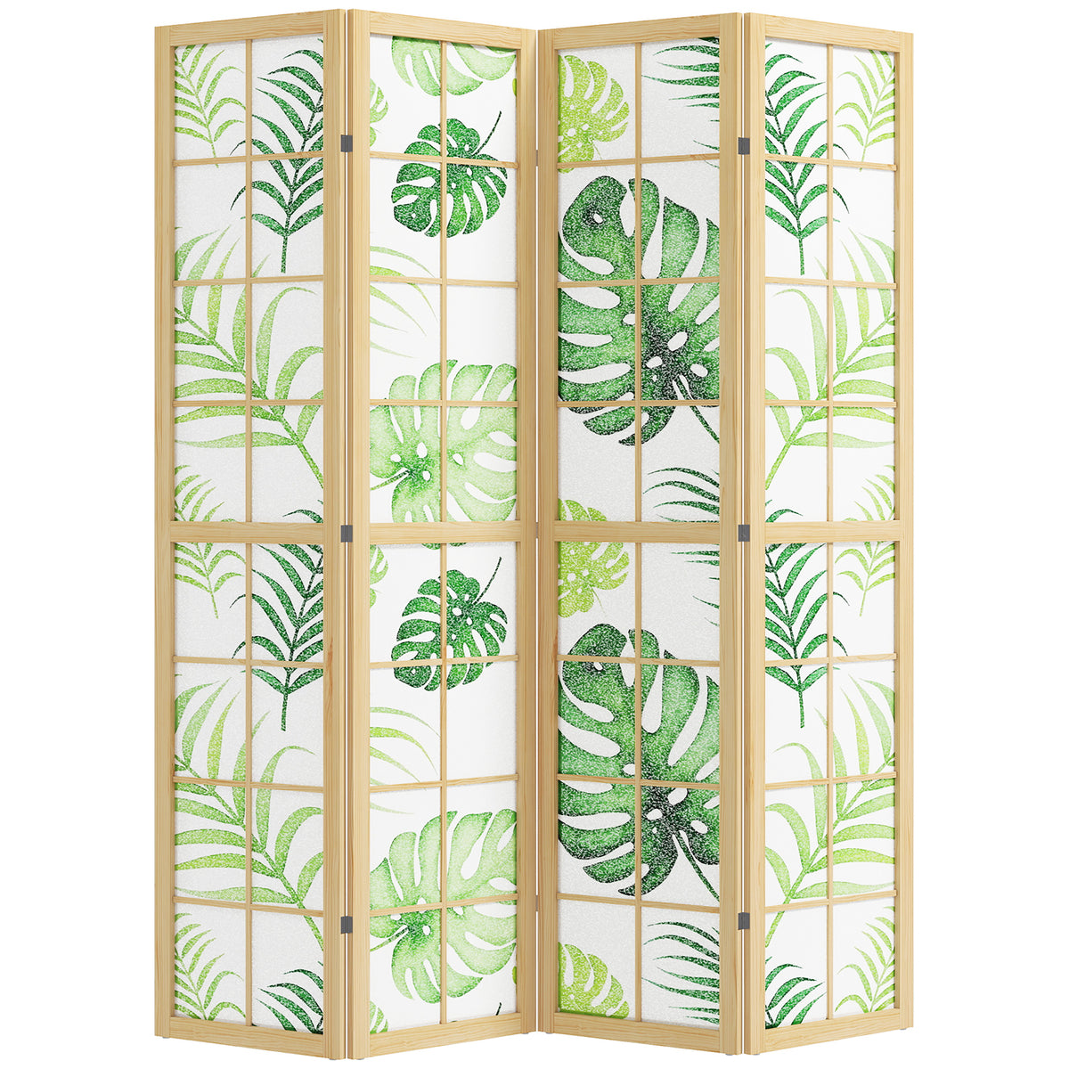 4-panel room divider, foldable, boho design, tropical motif, freestanding partition, wooden frame, green