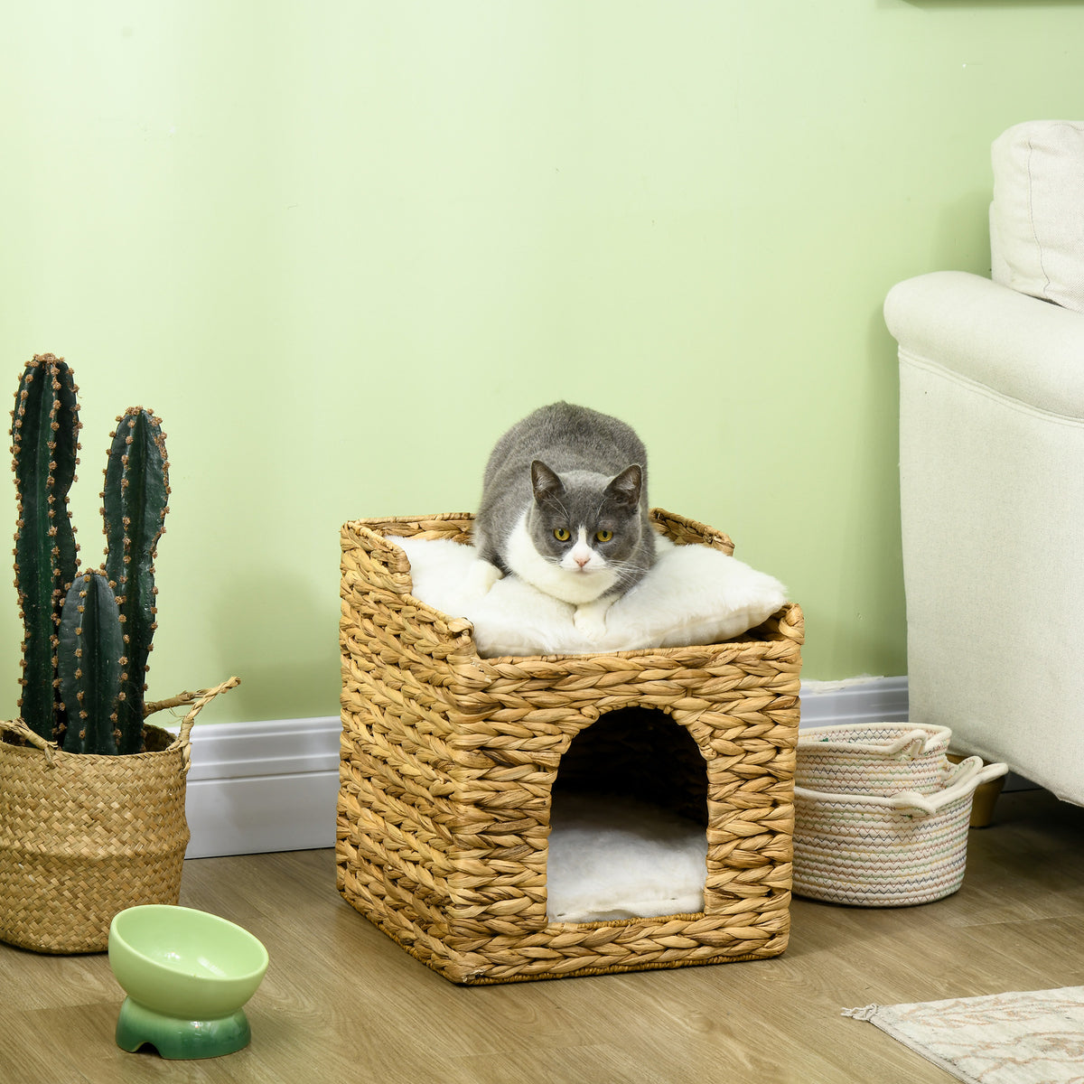 Cat cave made of water hyacinth grass, 2 lying areas, 2 washable cushions, natural + white (2)