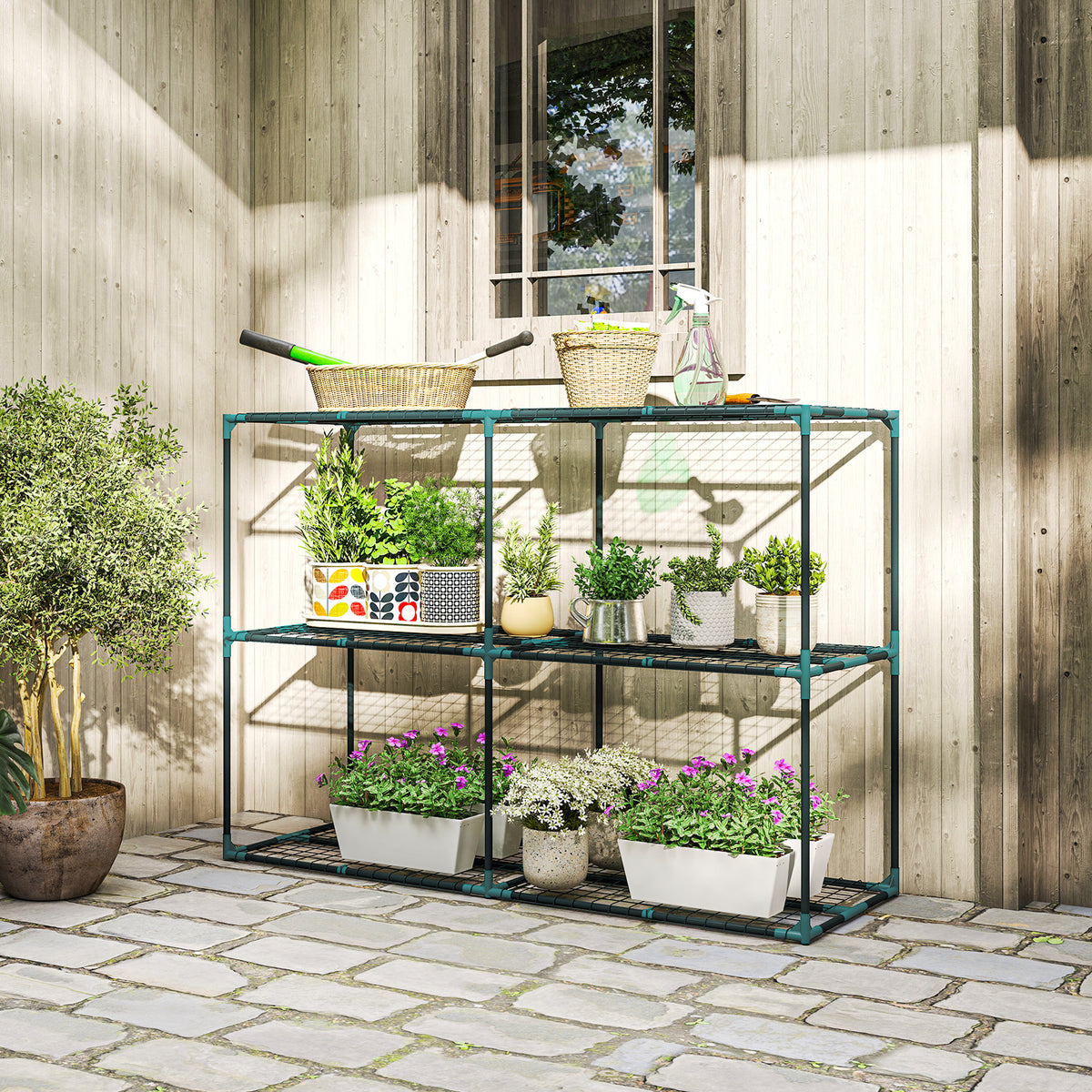3-tier plant stand, 100 cm high flower stand with shelves, multi-level steel dark green (2)