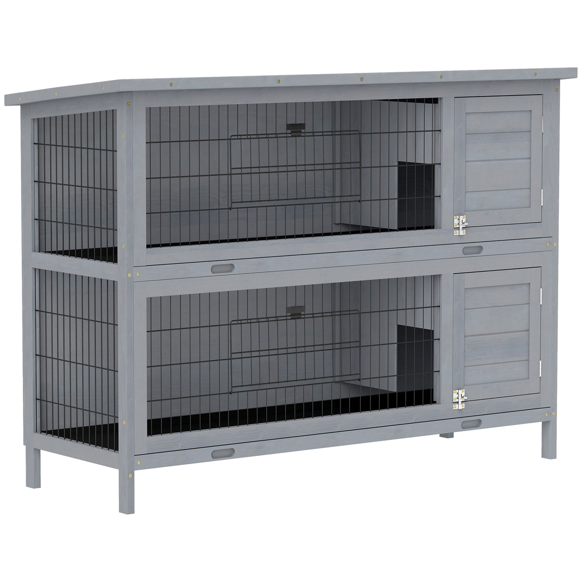 Wooden rabbit hutch with 2 levels, asphalt roof, floor tray, and doors for small animals, 136.4 x 50 x 93 cm