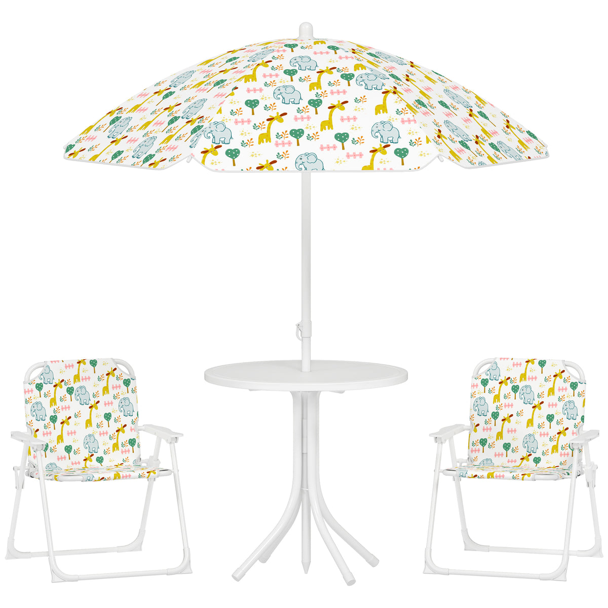 Children's seating area, folding chair set with parasol, colorful pattern, white