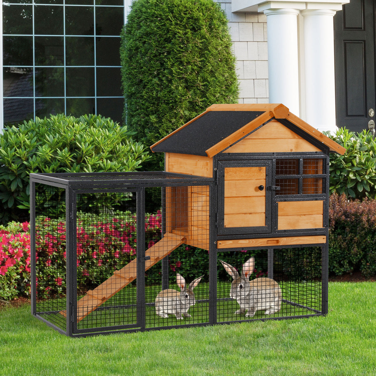 Small animal hutch with outdoor run and ramp 122 cm x 63 cm x 92 cm fir wood metal light yellow + dark gray (2)
