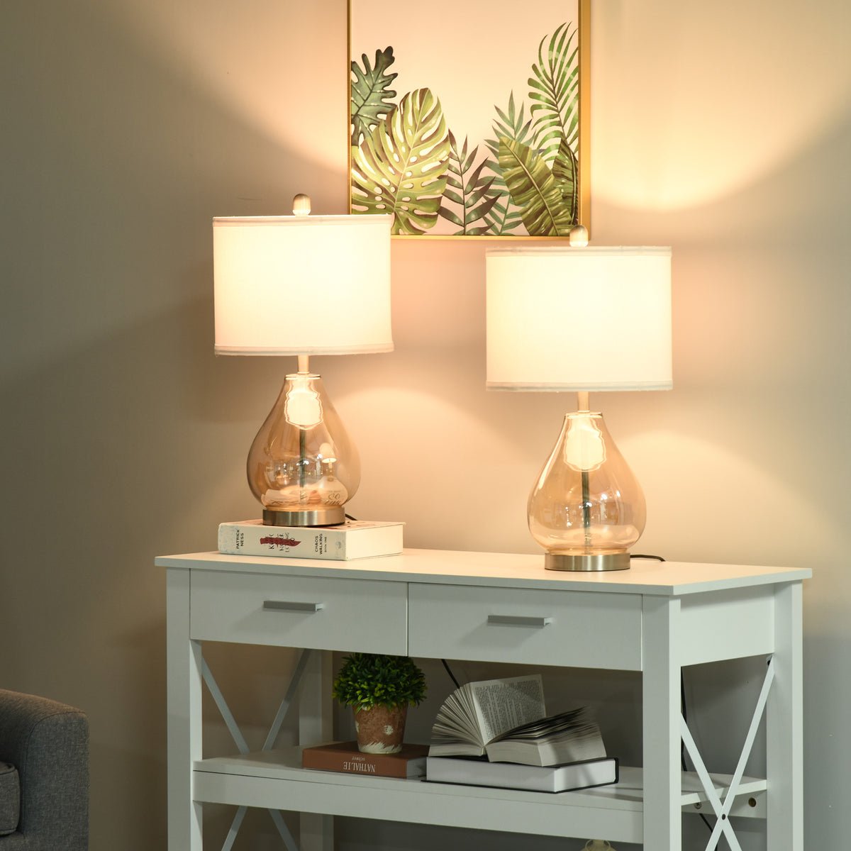 Table Lamp Set of 2, Table Lamp with Linen Lampshade, Teardrop-Shaped Glass Rods, Bedside Lamp with E27 Socket (2)