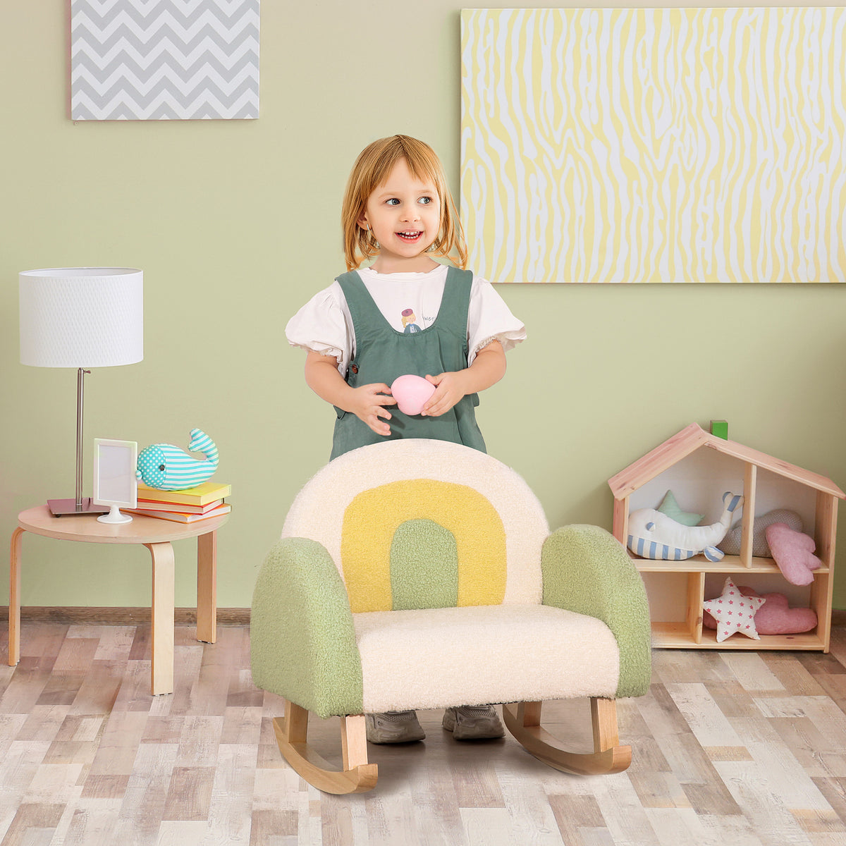 Rocking chair for toddlers, cute design, faux sheepskin, eucalyptus wood, green + yellow beige (2)