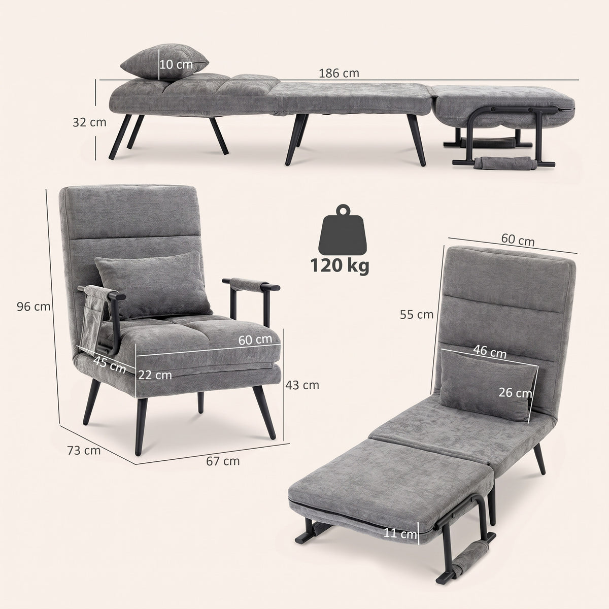 3-in-1 Foldable Sleeper Chair with Sleeping Function, 186 x 60 cm Sleeper Chair with 5-Level Adjustable Backrest (3)