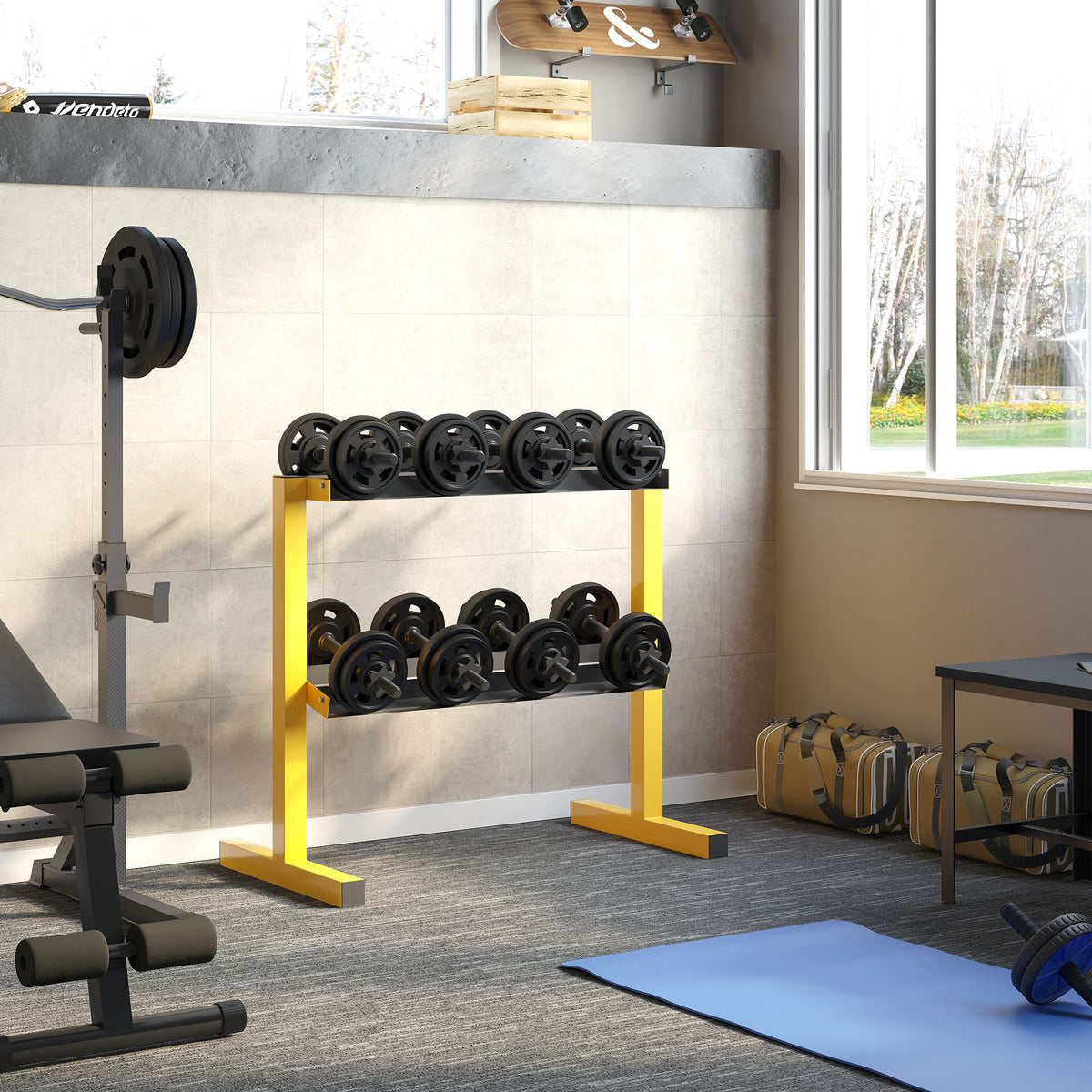 Dumbbell rack for dumbbells, up to 270 kg, 2 tiers, steel frame, yellow, 92.5 x 50.5 x 80.5 cm (2)