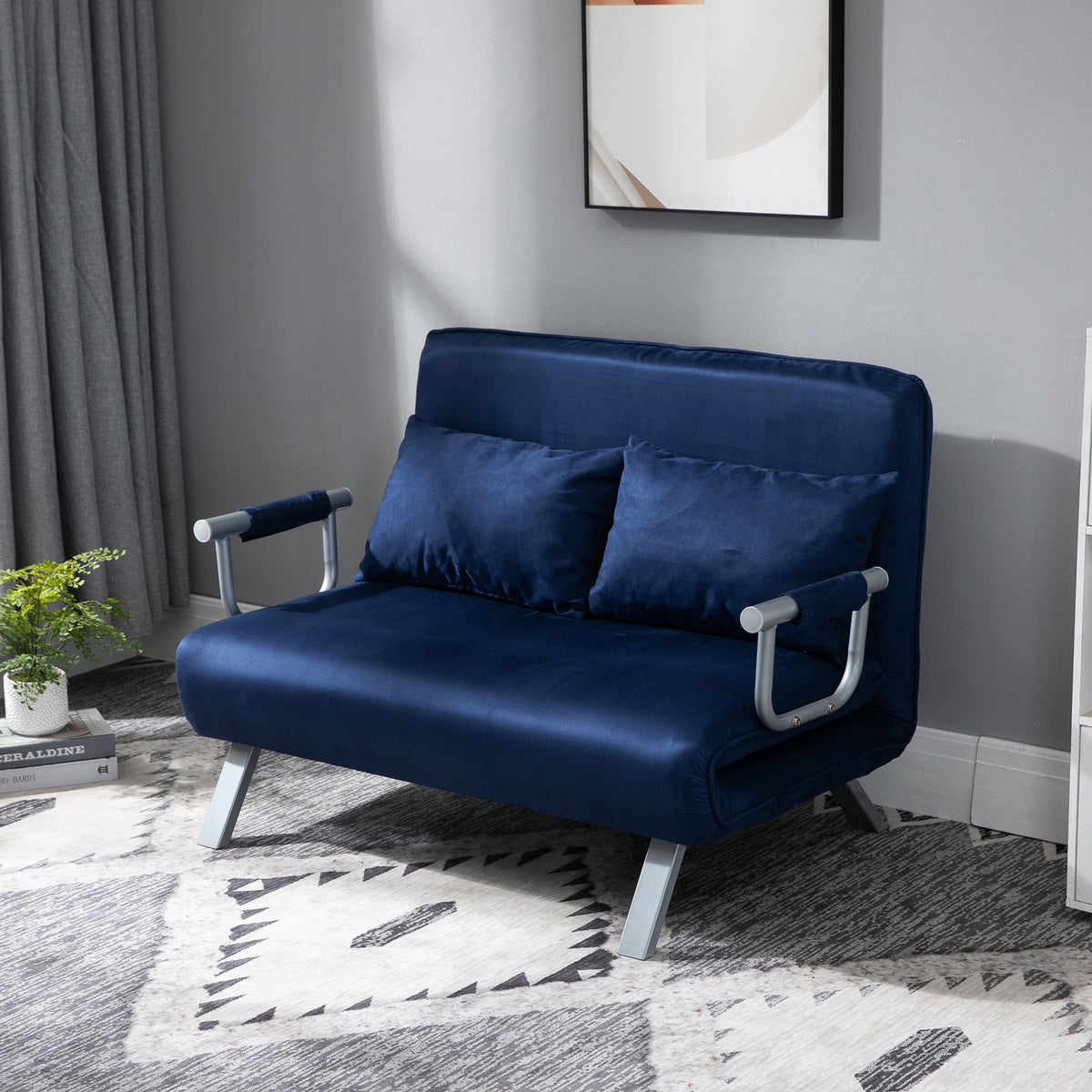 Sofa bed, 5-position adjustable, faux suede, metal frame, incl. cushions, navy blue (2)