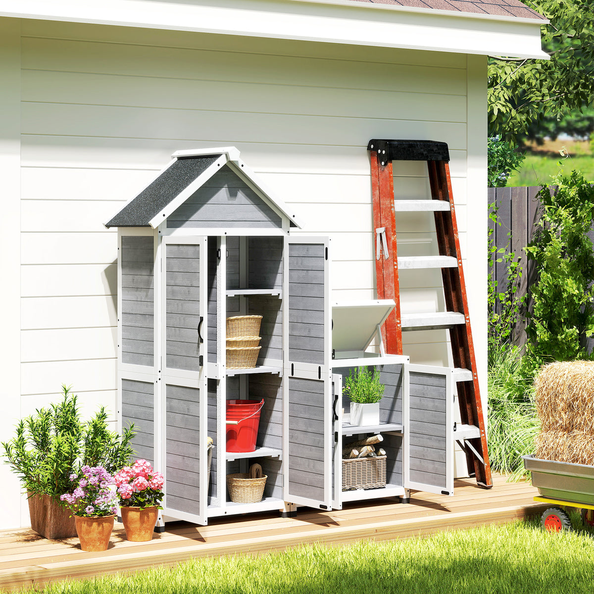 Garden shed with storage cabinet, adjustable shelves, lockable doors, waterproof, spruce wood, light grey (2)