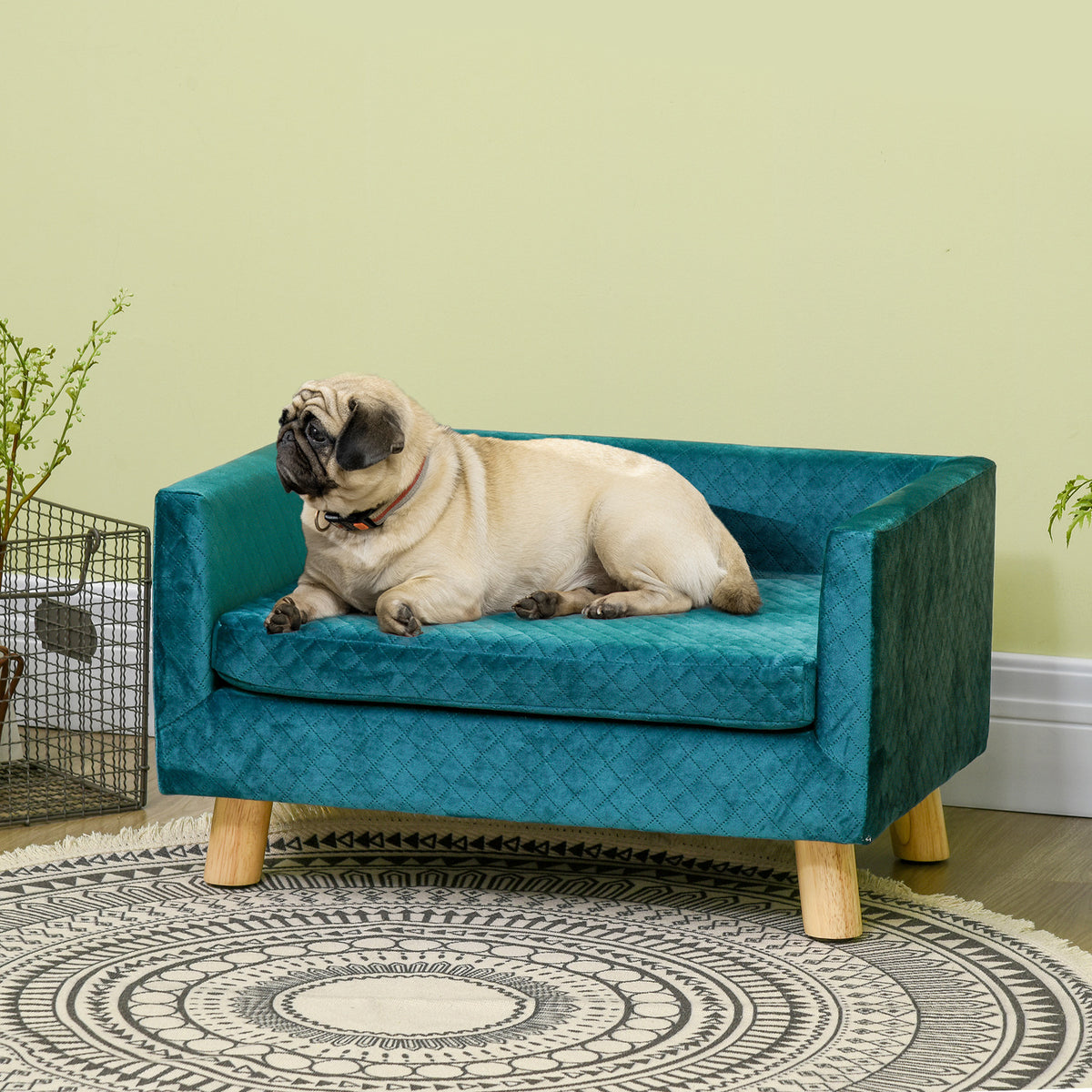 Velvet dog sofa, dog bed, dog couch with backrest, wooden legs, cushion, up to 8 kg, 64 x 45 x 36 cm, blue (10)