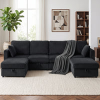 4-seater U-shaped corner sofa with storage ottoman, 306 cm corner couch in corduroy look, 4 cushions, for living (10)