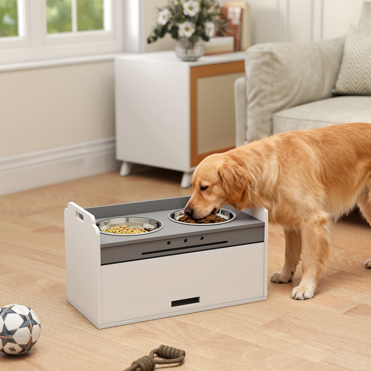Elevated dog bowl feeder with storage cabinet, 2 bowls with anti-slip rings, 60 x 30 x 35.5 cm, white (2)