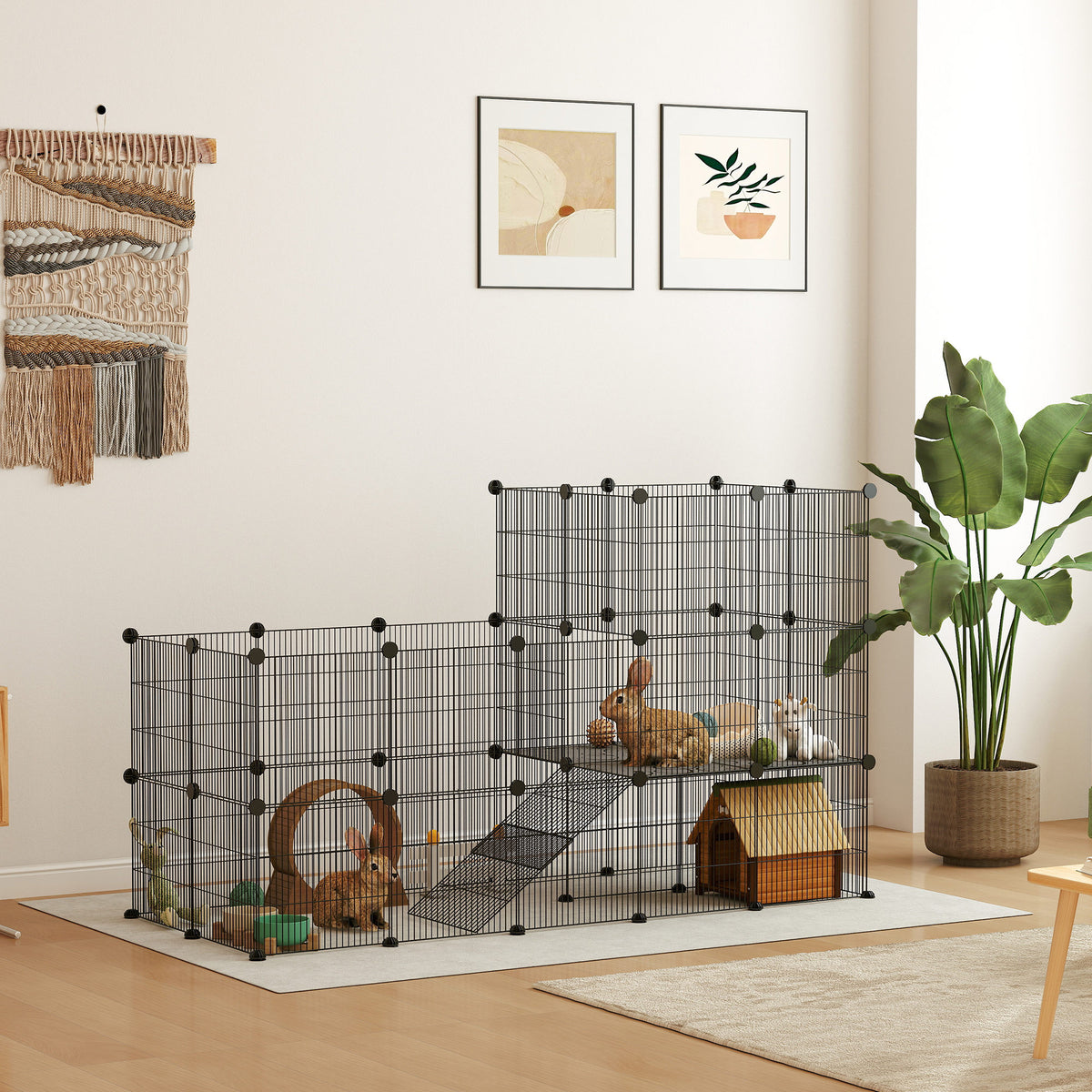 Enclosure for dwarf rabbits, 39-panel playpen for small pets, with ramp, for small animals, indoor, black (2)