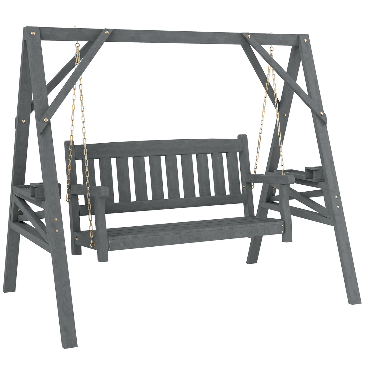 2-seater wooden porch swing, garden swing with side tables, cup holders, load capacity up to 250 kg, for garden