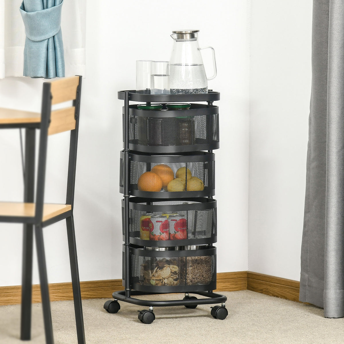 4-Tier Rotating Serving Trolley Kitchen Cart with Wheels Wire Basket Rolling Cart with Top Shelf 33x33x77 cm (2)