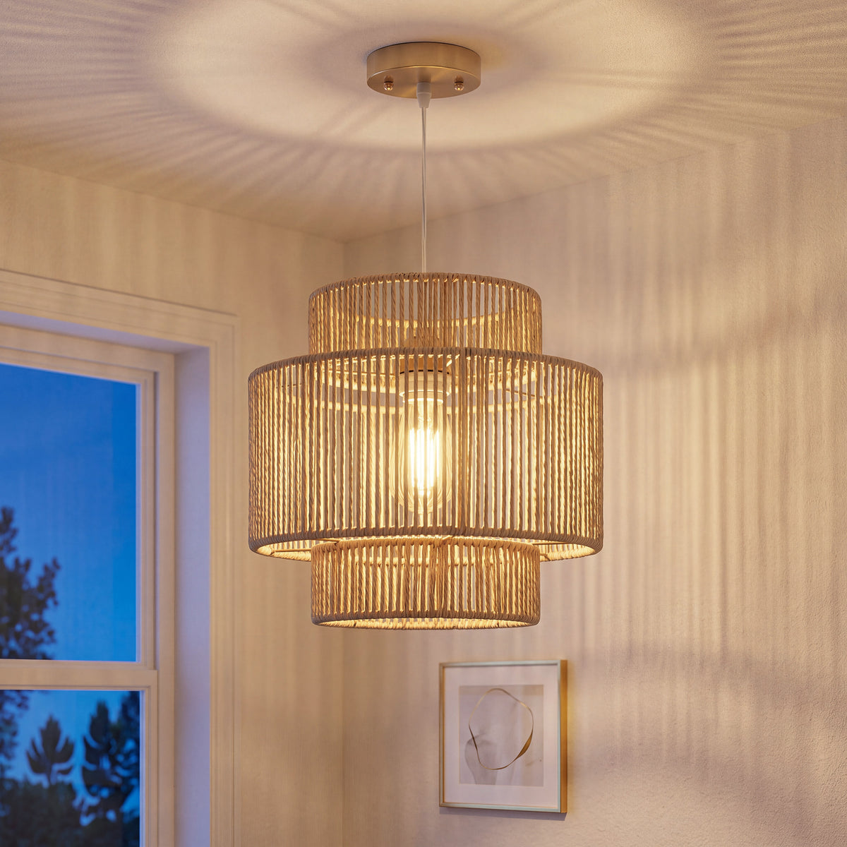 Pendant lamp, 3-tier lampshade, metal, hemp rope, light brown (2)