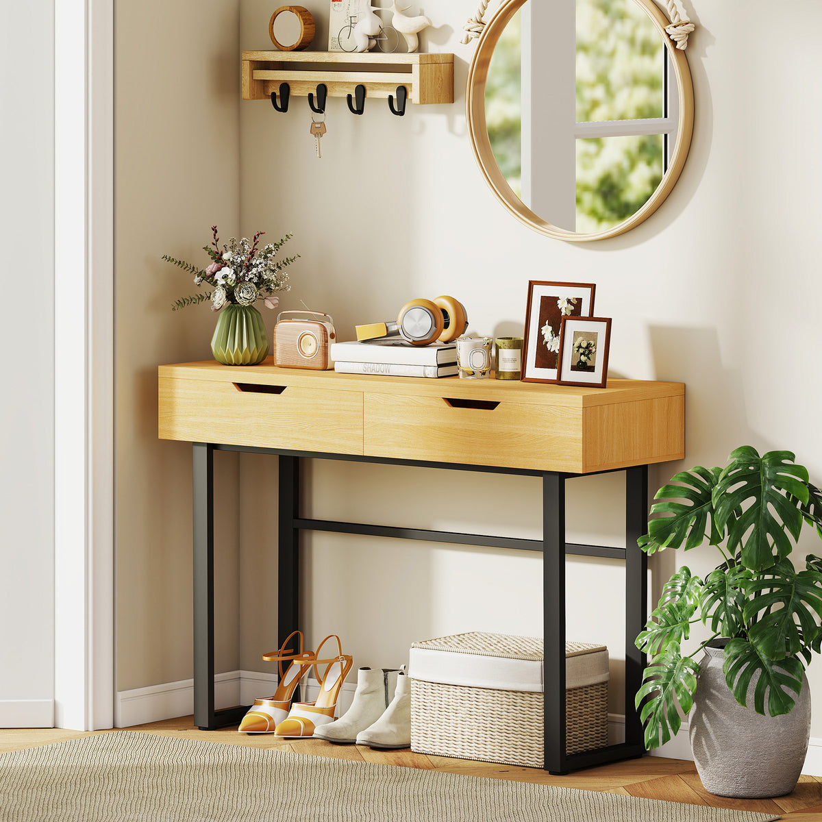 Console Table, Narrow Hallway Table with 2 Drawers, Metal Frame, for Hallway 110 x 35 x 76.5 cm Natural (2)