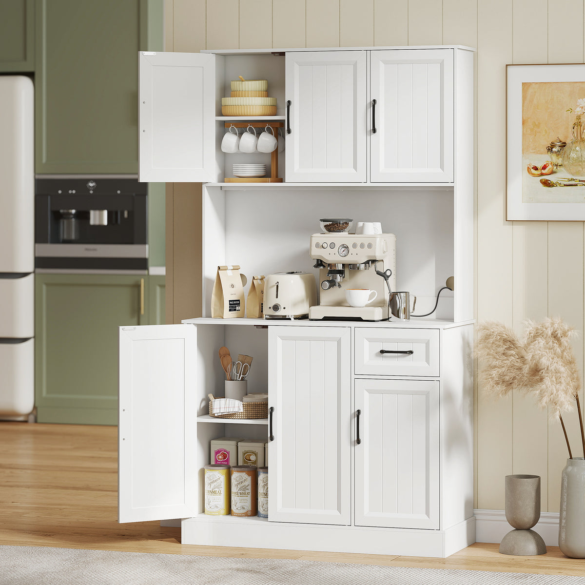 Kitchen cabinet, 180.5 cm, pantry cabinet, work surface, cable hole, adjustable shelves, MDF, white (2)