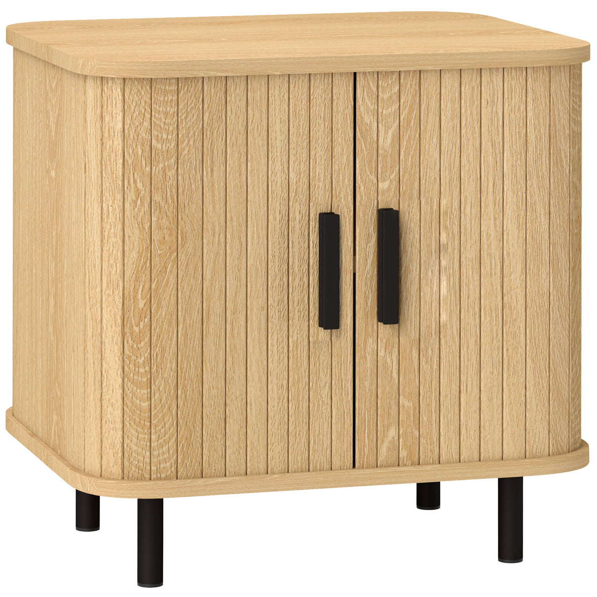 Nightstand side table with slatted doors and steel legs, for bedroom and living room, oak