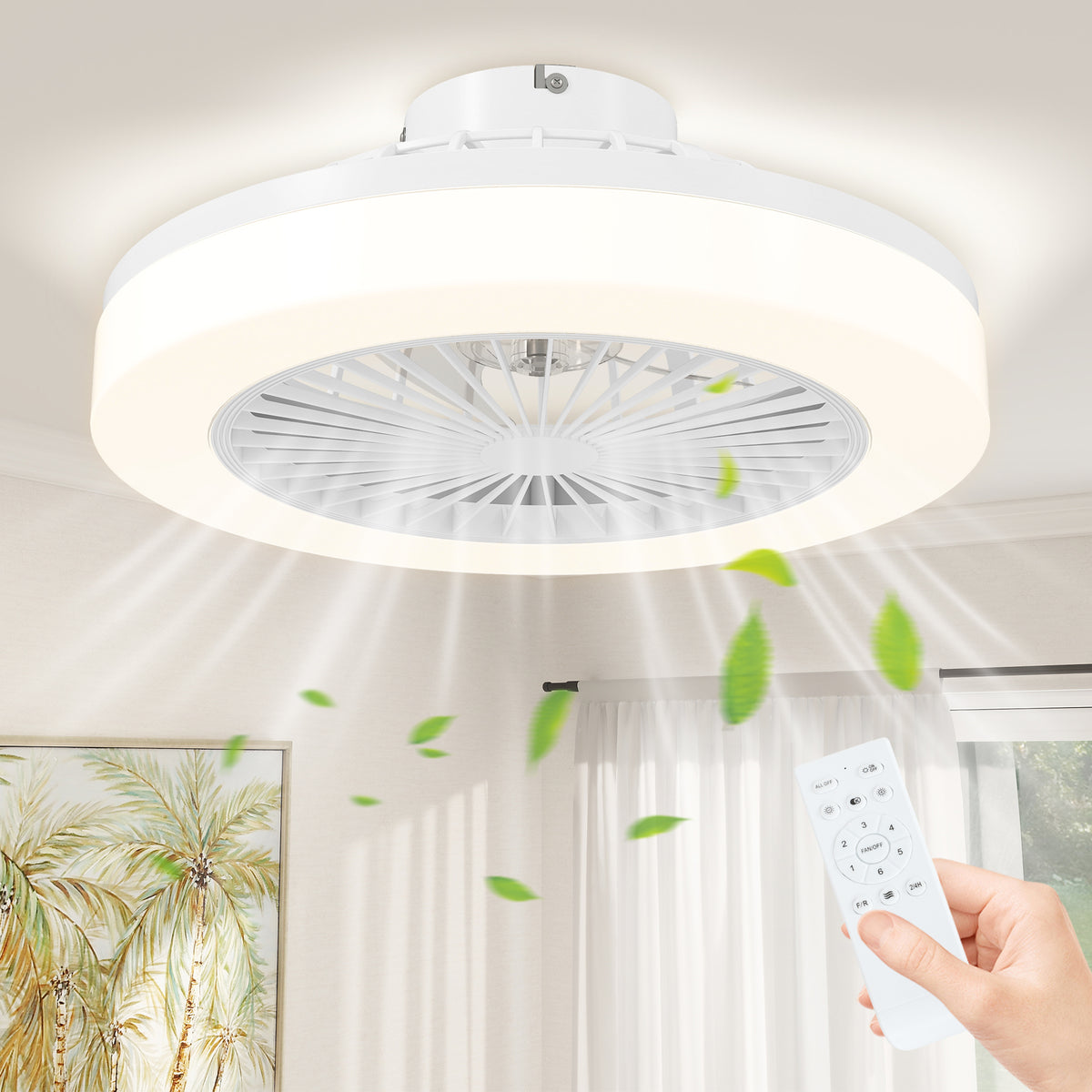 Ceiling fan with LED light, 6 speeds, remote control, white (2)