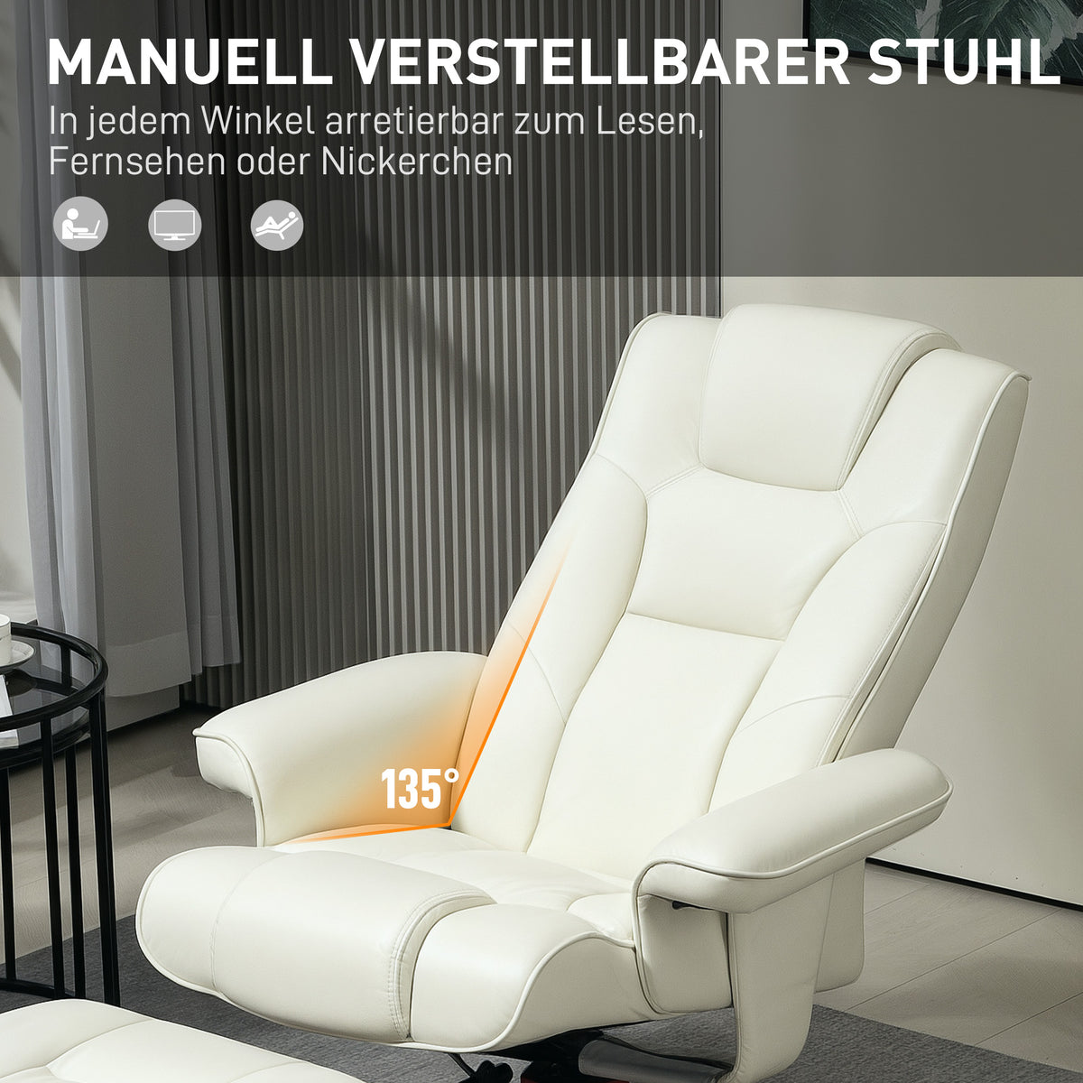 Recliner chair with footstool, faux leather, reclining backrest, up to 150 kg, cream white (4)