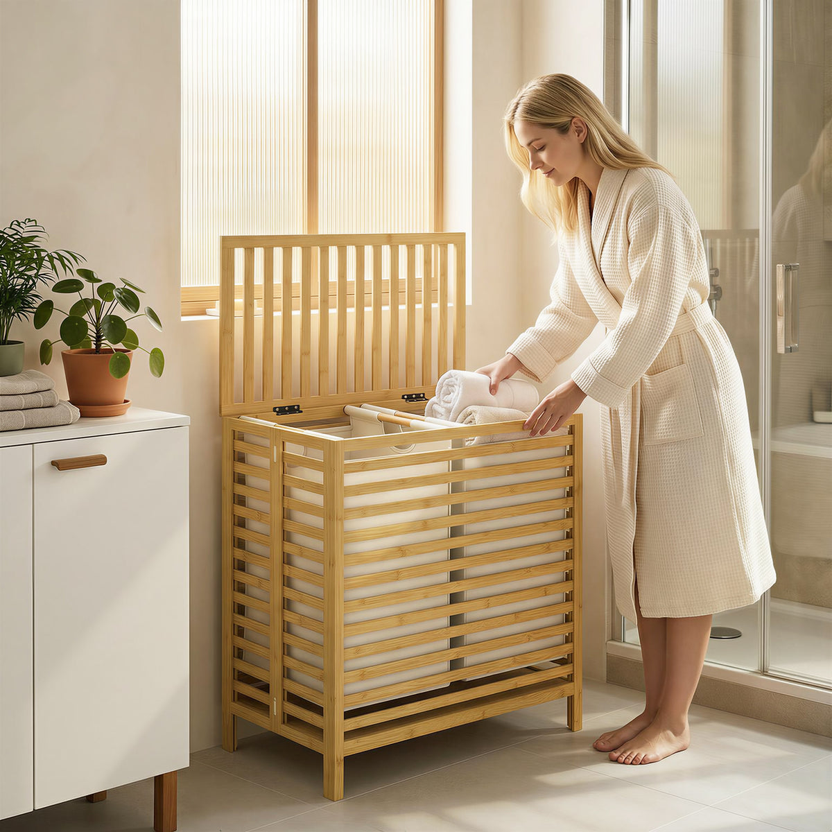 Bamboo laundry hamper with lid, 2 baskets, foldable, 64L, natural and cream white (2)