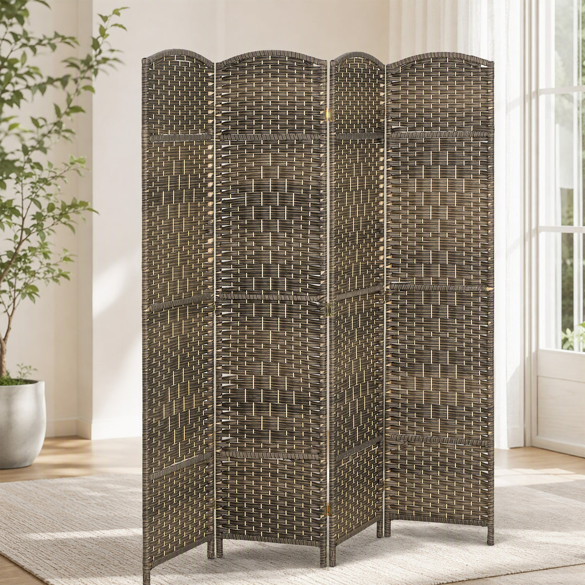 Room divider, 4-panel foldable partition, woven pattern, pine wood, washed black (2)